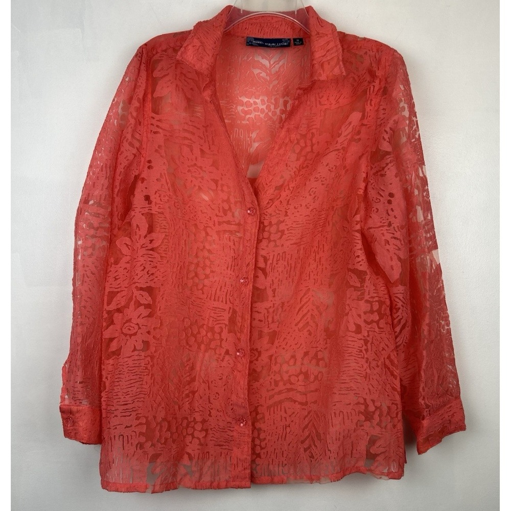Susan Graver Top Womens 1X Semi Sheer Blouse Floral Button Up Coral Vacation